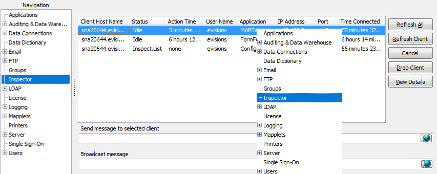 Inspector screen showing three connected clients, including the client who is currently viewing the inspector.